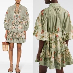 NEW ZIMMERMANN  Lexi Billow Mini Dress in Sage Palm Sz 0 / US 4